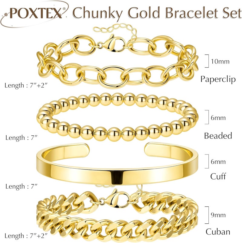 Poxtex Gold Bracelets Set for Women Stack, Dainty Thick Bracelets Stack for Women Trendy, Simple Thin Gold Plated Cuff Stackable Bracelets With Beaded Cuban Paperclip Snake Rope Bangle Hand Chain Jewelry Gifts for Women Non Tainish - Image 3